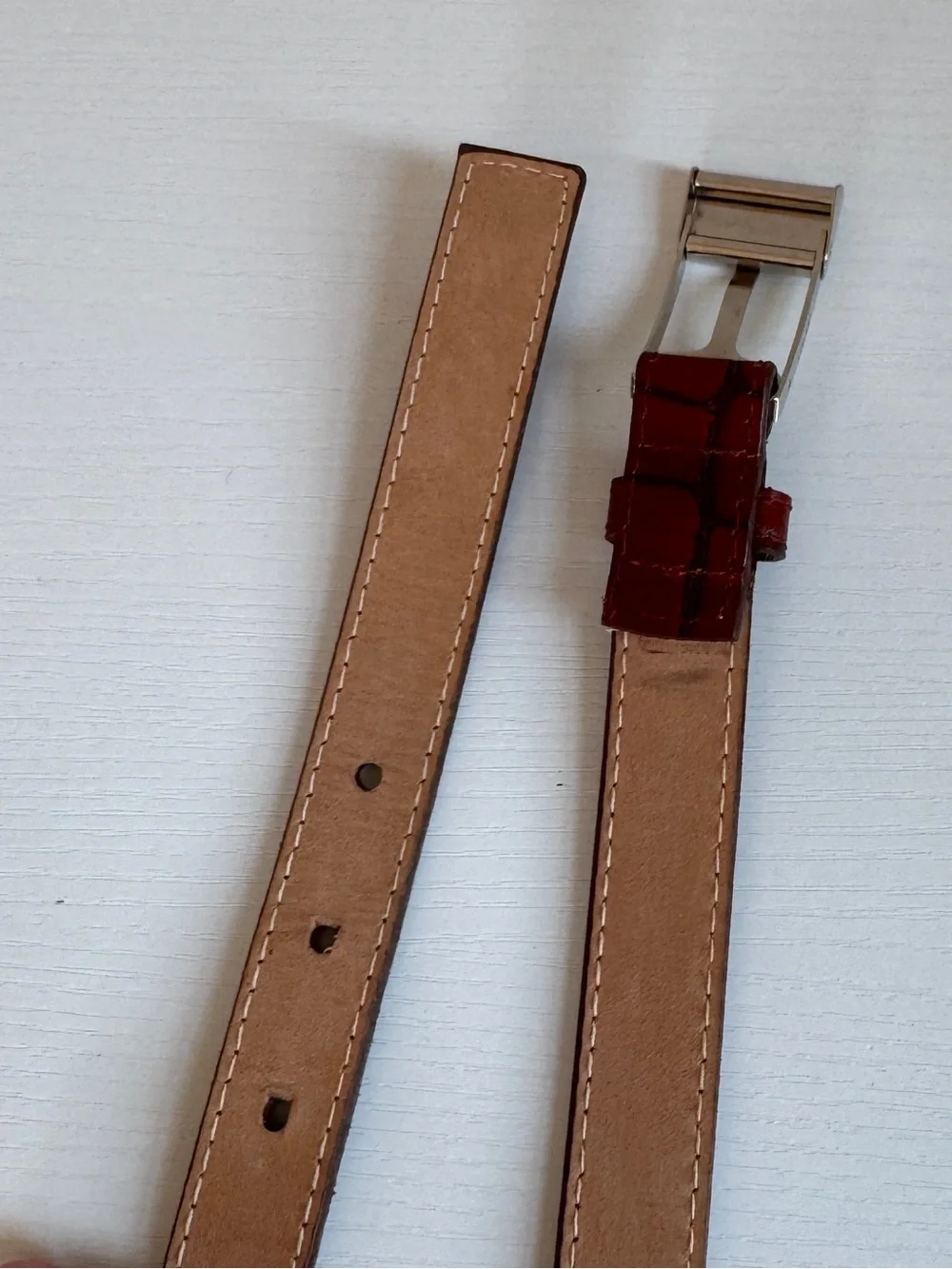 Vintage DKNY Embossed Red Calf Leather Belt Silver Buckle USA Ladies Small